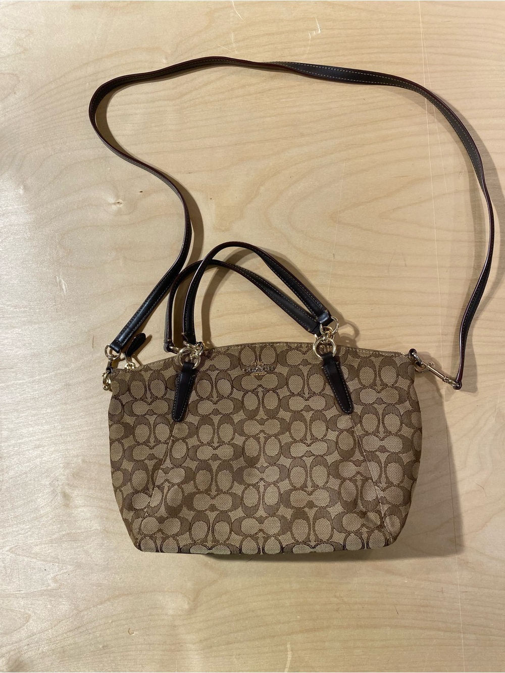 Coach Monogram Canvas Crossbody Satchel in Khaki and Dark Brown (SK) - Picture 5 of 11